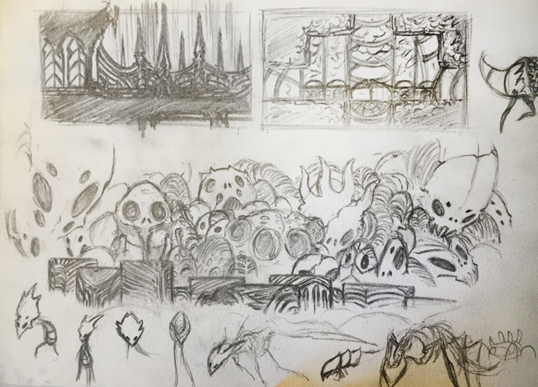 One of Gibson's early concept sketches for the the Colosseum of Fools environment and...